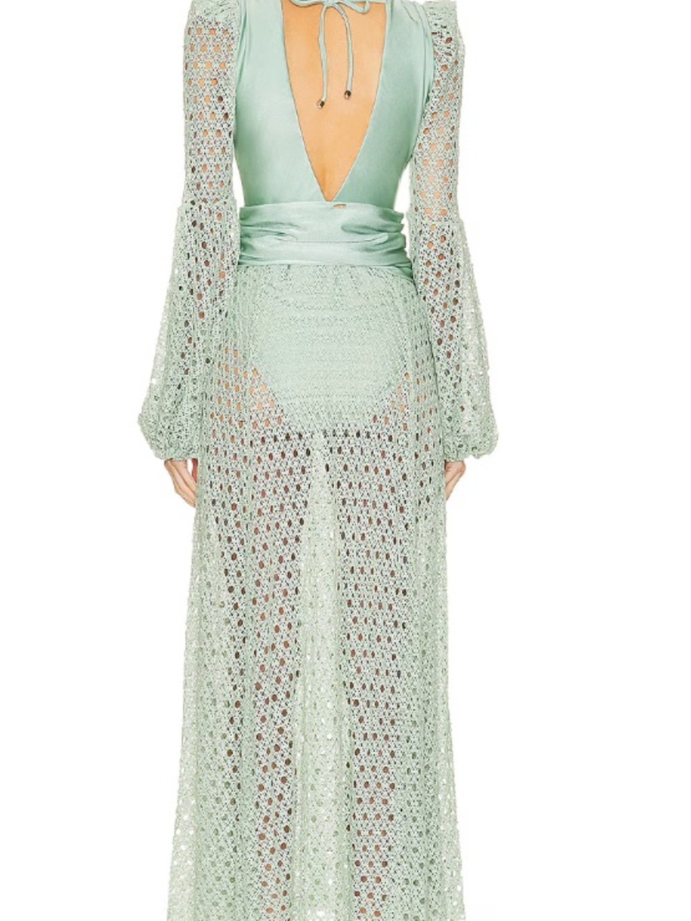 PATBO NWT Monstera Elegant Sage Green Crochet Maxi Dress with Deep V - Picture 3 of 5